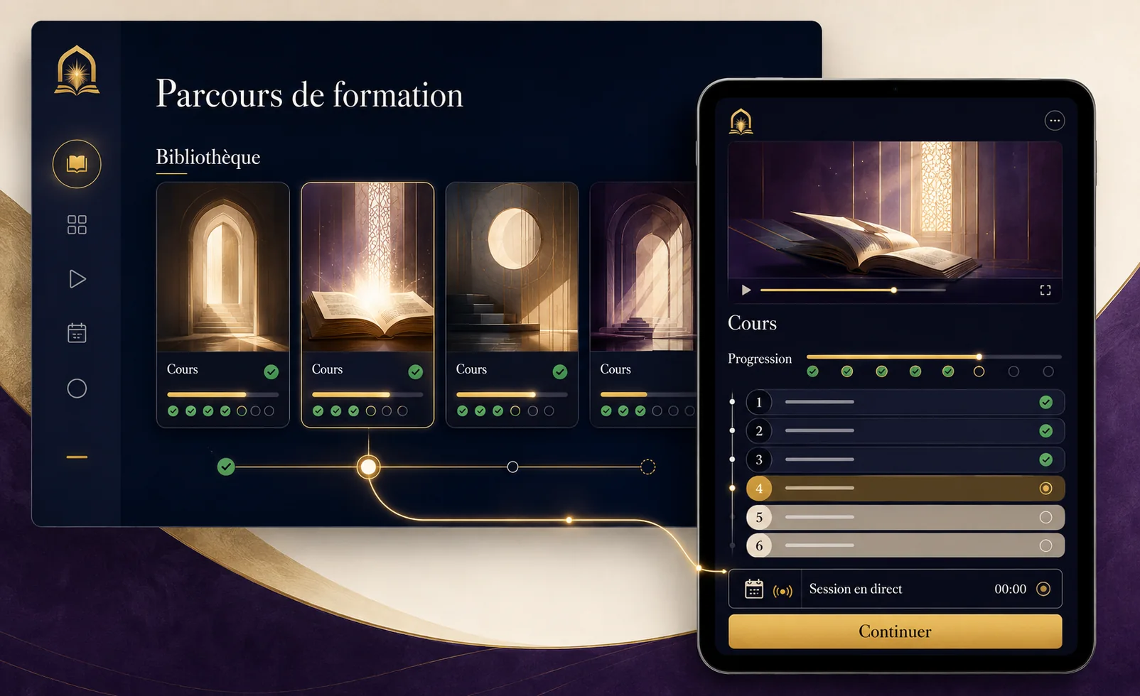 Tableaux de bord d’une plateforme de formation chrétienne sur ordinateur et tablette.