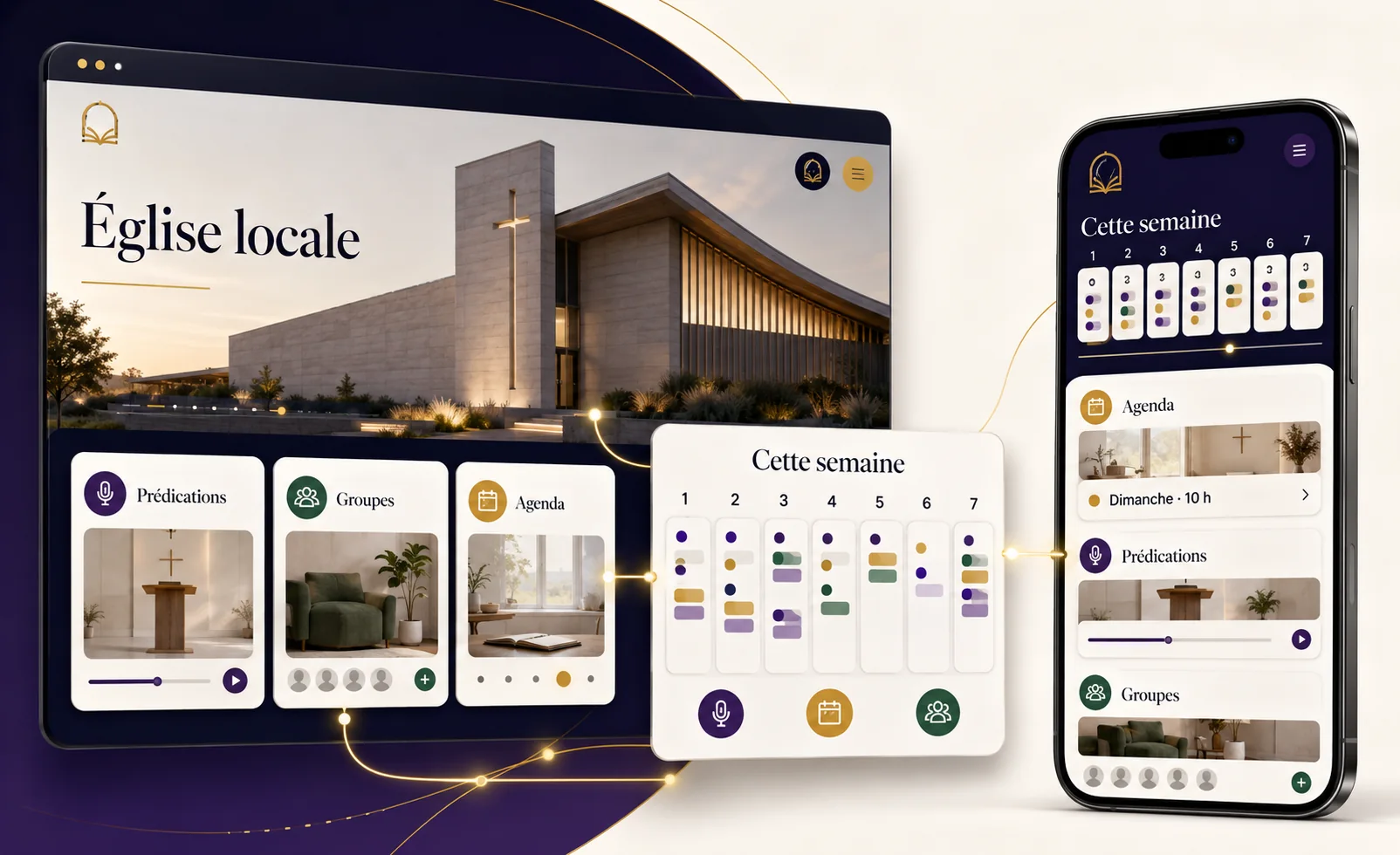 Aperçu du site public, de l’application mobile et de l’agenda d’une église locale.